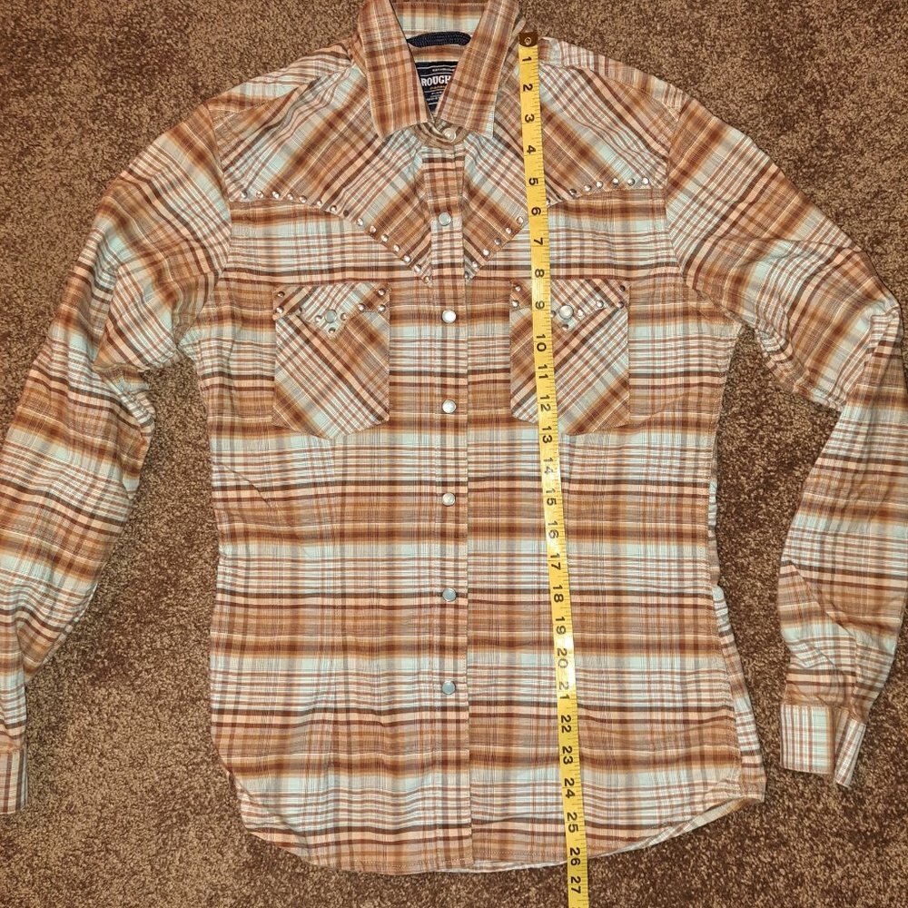 ROUGH STOCK~PANHANDLE SLIM~WOMEN'S PEARL SNAP~PLAID WESTERN SHIRT W/STUDS~M - Picture 5 of 13